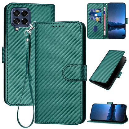 Samsung Galaxy M53 5G Carbon Fiber Buckle Leather Phone Case with Lanyard, PU Leather TPU Wallet Cover with Card Slot, Cash Compartment, Stand Function & Scratch Protection