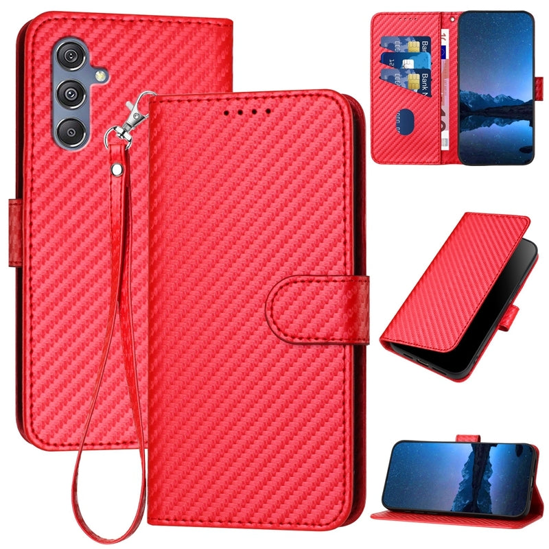 Samsung Galaxy M34 5G Carbon Fiber Buckle Leather Phone Case with Lanyard, PU Leather TPU Wallet Cover with Card Slot, Cash Compartment, Stand Function & Scratch Protection