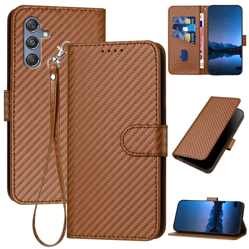 Samsung Galaxy M34 5G Carbon Fiber Buckle Leather Phone Case with Lanyard, PU Leather TPU Wallet Cover with Card Slot, Cash Compartment, Stand Function & Scratch Protection