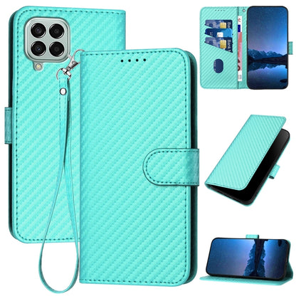 Samsung Galaxy M33 5G Carbon Fiber Buckle Leather Phone Case with Lanyard, PU Leather TPU Wallet Cover with Card Slot, Cash Compartment, Stand Function & Scratch Protection