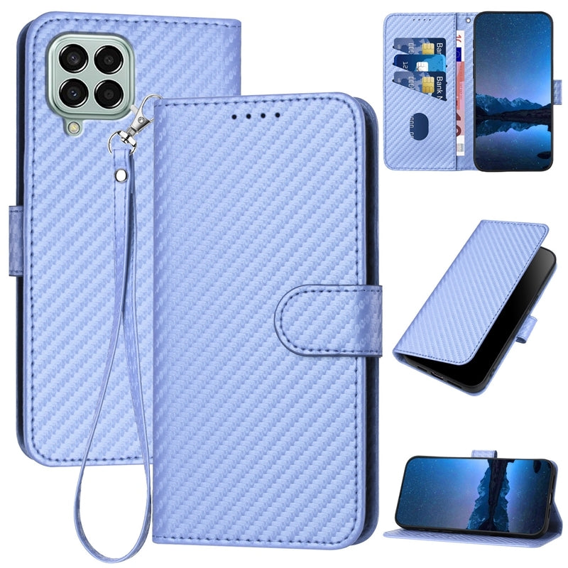 Samsung Galaxy M33 5G Carbon Fiber Buckle Leather Phone Case with Lanyard, PU Leather TPU Wallet Cover with Card Slot, Cash Compartment, Stand Function & Scratch Protection