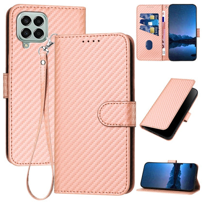 Samsung Galaxy M33 5G Carbon Fiber Buckle Leather Phone Case with Lanyard, PU Leather TPU Wallet Cover with Card Slot, Cash Compartment, Stand Function & Scratch Protection