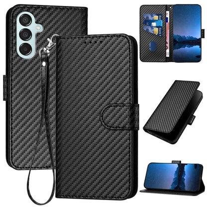 Samsung Galaxy M15 Carbon Fiber Buckle Leather Phone Case with Lanyard, PU Leather TPU Wallet Cover with Card Slot, Cash Compartment, Stand Function & Scratch Protection