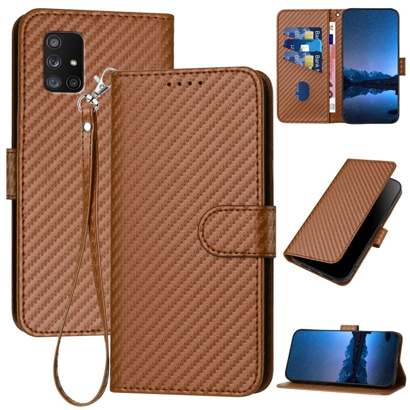 Samsung Galaxy A71 5G Carbon Fiber Buckle Leather Phone Case with Lanyard, PU Leather TPU Wallet Cover with Card Slot, Cash Compartment, Stand Function & Scratch Protection