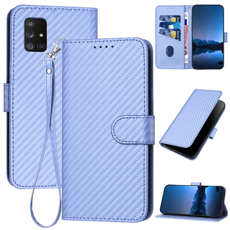 Samsung Galaxy A71 5G Carbon Fiber Buckle Leather Phone Case with Lanyard, PU Leather TPU Wallet Cover with Card Slot, Cash Compartment, Stand Function & Scratch Protection