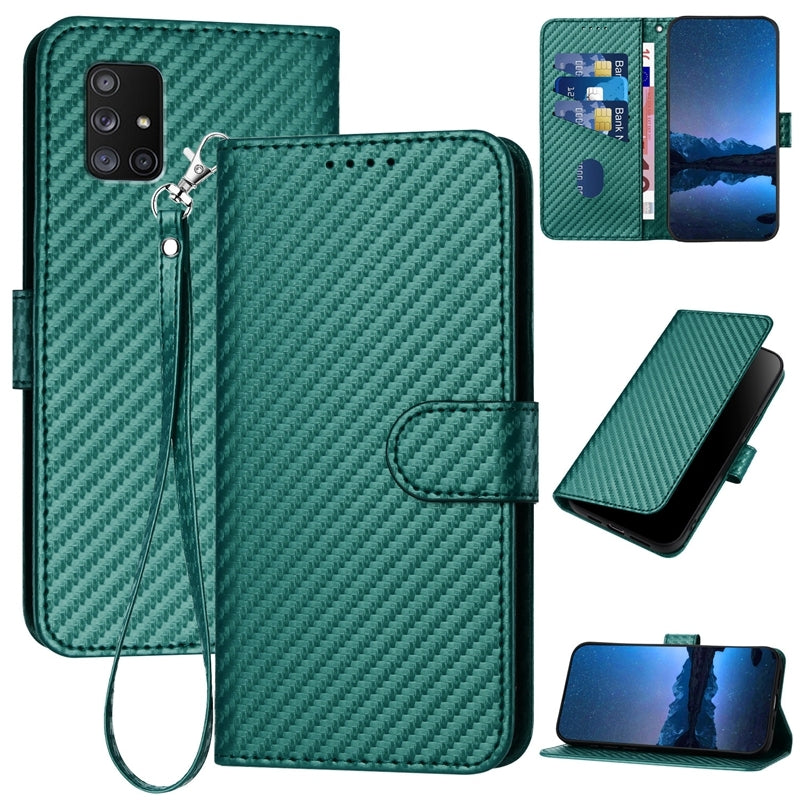 Samsung Galaxy A71 5G Carbon Fiber Buckle Leather Phone Case with Lanyard, PU Leather TPU Wallet Cover with Card Slot, Cash Compartment, Stand Function & Scratch Protection