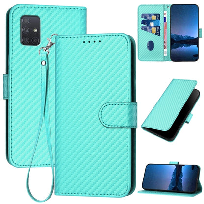 Samsung Galaxy A71 4G Carbon Fiber Buckle Leather Phone Case with Lanyard, PU Leather TPU Wallet Cover with Card Slot, Cash Compartment, Stand Function & Scratch Protection