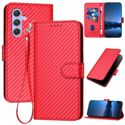 Samsung Galaxy A55 Carbon Fiber Buckle Leather Phone Case with Lanyard, PU Leather TPU Wallet Cover with Card Slot, Cash Compartment, Stand Function & Scratch Protection