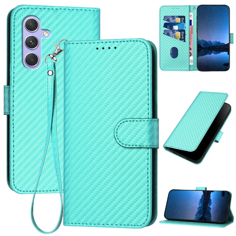 Samsung Galaxy A55 Carbon Fiber Buckle Leather Phone Case with Lanyard, PU Leather TPU Wallet Cover with Card Slot, Cash Compartment, Stand Function & Scratch Protection