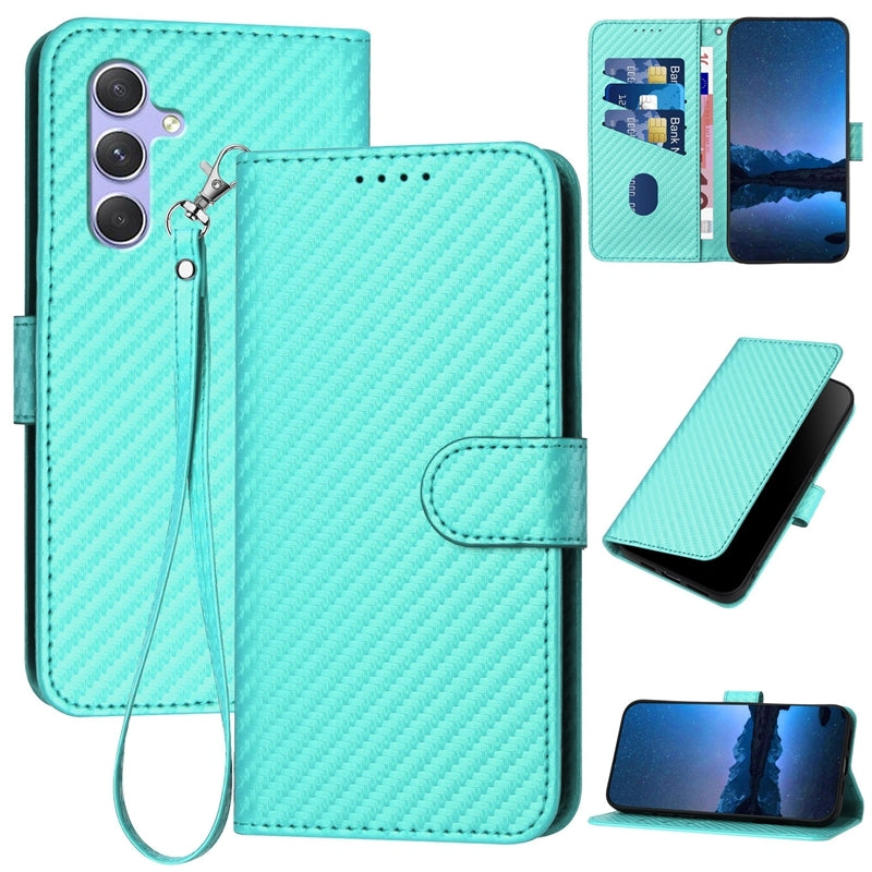 Samsung Galaxy A54 5G Carbon Fiber Buckle Leather Phone Case with Lanyard, PU Leather TPU Wallet Cover with Card Slot, Cash Compartment, Stand Function & Scratch Protection