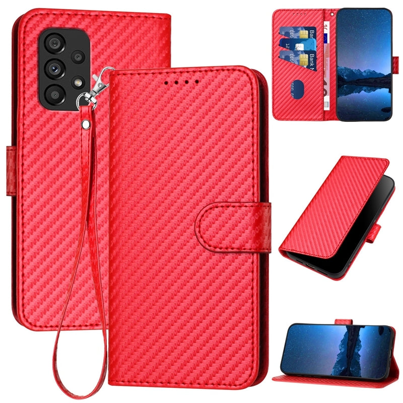 Samsung Galaxy A53 5G Carbon Fiber Buckle Leather Phone Case with Lanyard, PU Leather TPU Wallet Cover with Card Slot, Cash Compartment, Stand Function & Scratch Protection