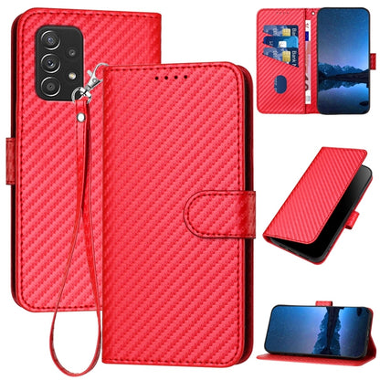 Samsung Galaxy A52 4G Carbon Fiber Buckle Leather Phone Case with Lanyard, PU Leather TPU Wallet Cover with Card Slot, Cash Compartment, Stand Function & Scratch Protection