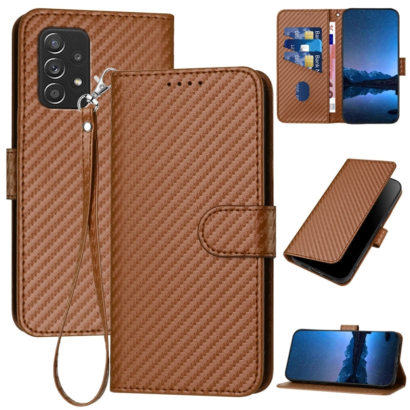 Samsung Galaxy A52 4G Carbon Fiber Buckle Leather Phone Case with Lanyard, PU Leather TPU Wallet Cover with Card Slot, Cash Compartment, Stand Function & Scratch Protection