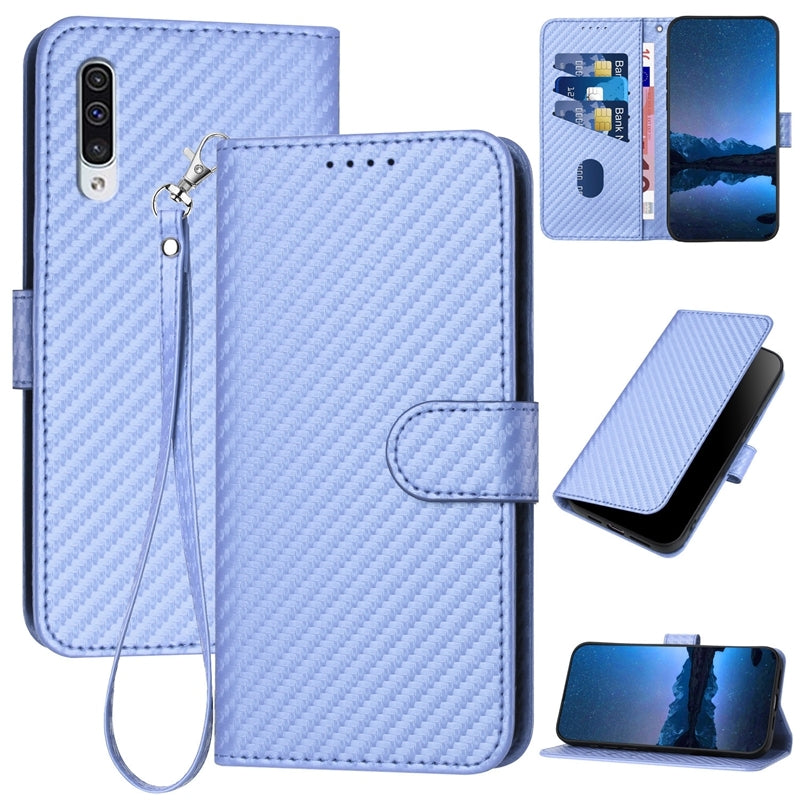 Samsung Galaxy A50 Carbon Fiber Buckle Leather Phone Case with Lanyard, PU Leather TPU Wallet Cover with Card Slot, Cash Compartment, Stand Function & Scratch Protection