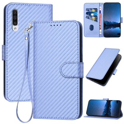 Samsung Galaxy A50s Carbon Fiber Buckle Leather Phone Case with Lanyard, PU Leather TPU Wallet Cover with Card Slot, Cash Compartment, Stand Function & Scratch Protection