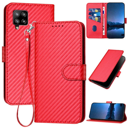 Samsung Galaxy A42 5G Carbon Fiber Buckle Leather Phone Case with Lanyard, PU Leather TPU Wallet Cover with Card Slot, Cash Compartment, Stand Function & Scratch Protection