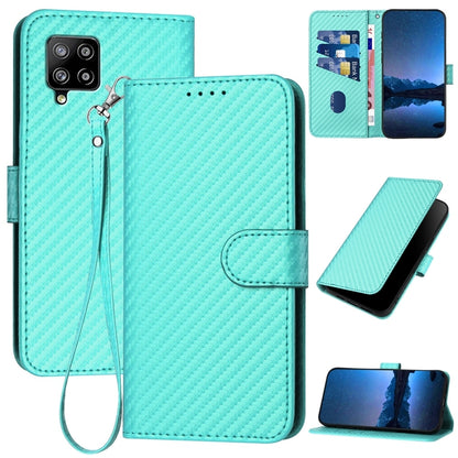 Samsung Galaxy A42 5G Carbon Fiber Buckle Leather Phone Case with Lanyard, PU Leather TPU Wallet Cover with Card Slot, Cash Compartment, Stand Function & Scratch Protection