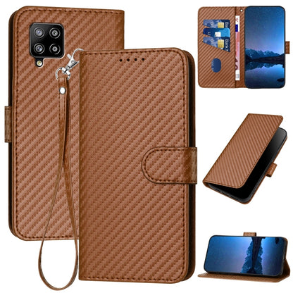 Samsung Galaxy A42 5G Carbon Fiber Buckle Leather Phone Case with Lanyard, PU Leather TPU Wallet Cover with Card Slot, Cash Compartment, Stand Function & Scratch Protection