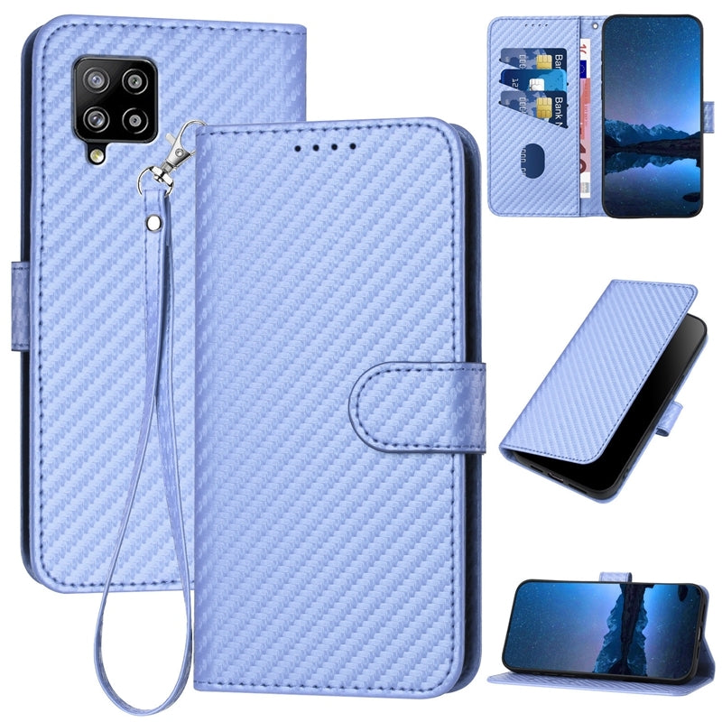 Samsung Galaxy A42 5G Carbon Fiber Buckle Leather Phone Case with Lanyard, PU Leather TPU Wallet Cover with Card Slot, Cash Compartment, Stand Function & Scratch Protection