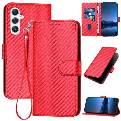Samsung Galaxy A35 Carbon Fiber Buckle Leather Phone Case with Lanyard, PU Leather TPU Wallet Cover with Card Slot, Cash Compartment, Stand Function & Scratch Protection