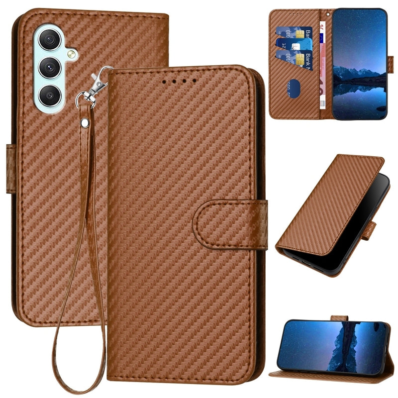 Samsung Galaxy A35 Carbon Fiber Buckle Leather Phone Case with Lanyard, PU Leather TPU Wallet Cover with Card Slot, Cash Compartment, Stand Function & Scratch Protection