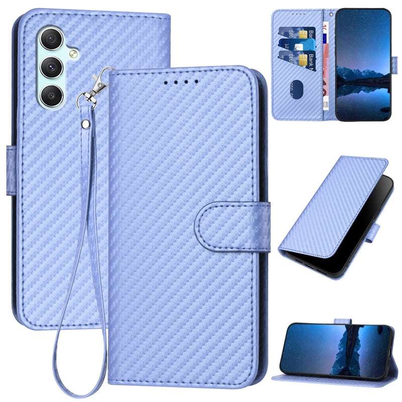 Samsung Galaxy A34 5G Carbon Fiber Buckle Leather Phone Case with Lanyard, PU Leather TPU Wallet Cover with Card Slot, Cash Compartment, Stand Function & Scratch Protection