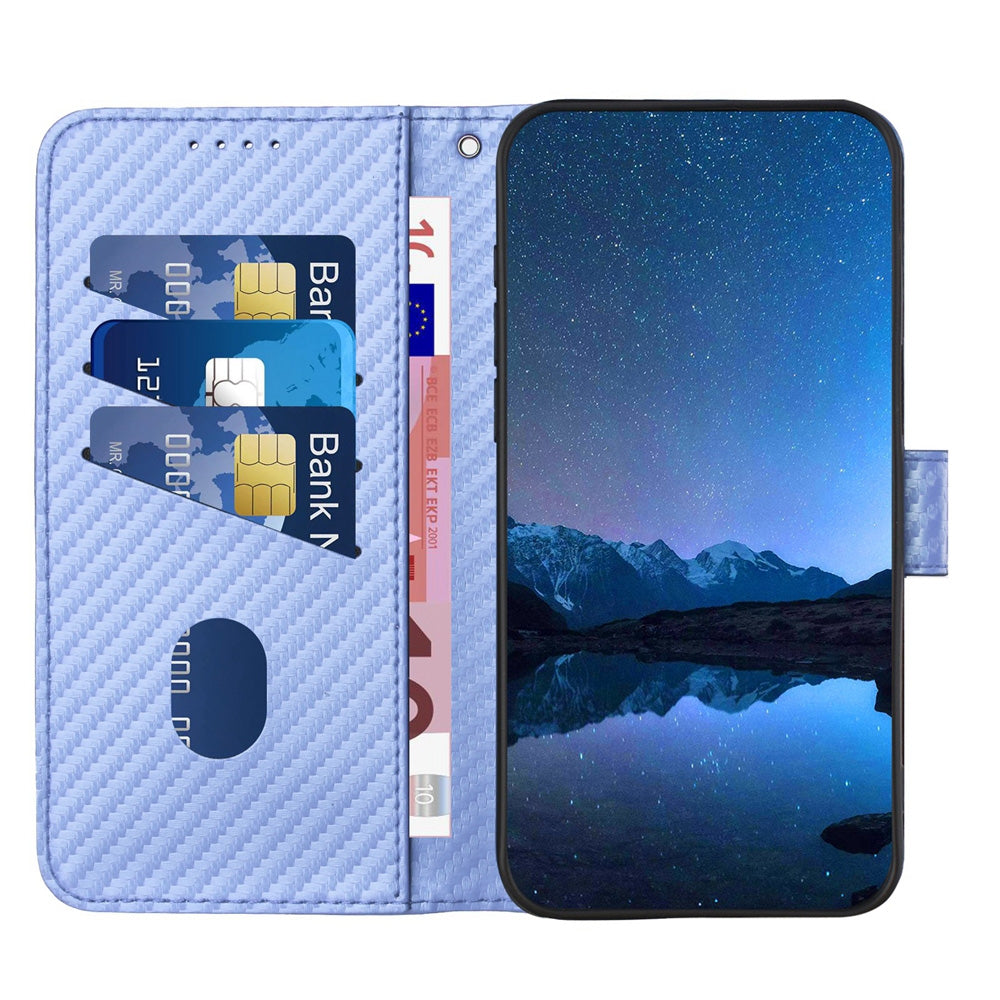 Samsung Galaxy A33 5G Carbon Fiber Buckle Leather Phone Case with Lanyard, PU Leather TPU Wallet Cover with Card Slot, Cash Compartment, Stand Function & Scratch Protection