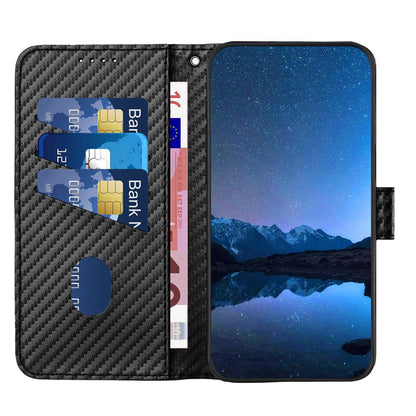 Samsung Galaxy A31 Carbon Fiber Buckle Leather Phone Case with Lanyard, PU Leather TPU Wallet Cover with Card Slot, Cash Compartment, Stand Function & Scratch Protection
