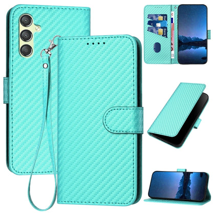 Samsung Galaxy A24 4G Carbon Fiber Buckle Leather Phone Case with Lanyard, PU Leather TPU Wallet Cover with Card Slot, Cash Compartment, Stand Function & Scratch Protection