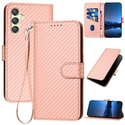 Samsung Galaxy A24 4G Carbon Fiber Buckle Leather Phone Case with Lanyard, PU Leather TPU Wallet Cover with Card Slot, Cash Compartment, Stand Function & Scratch Protection