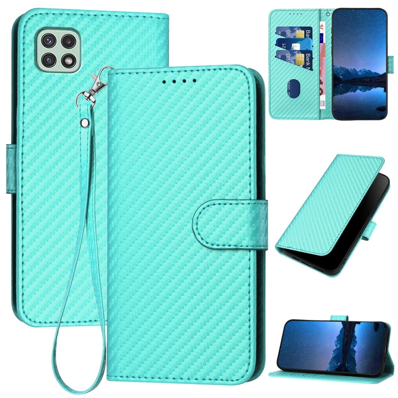 Samsung Galaxy A22 5G Carbon Fiber Buckle Leather Phone Case with Lanyard, PU Leather TPU Wallet Cover with Card Slot, Cash Compartment, Stand Function & Scratch Protection