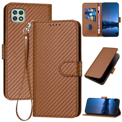 Samsung Galaxy A22 5G Carbon Fiber Buckle Leather Phone Case with Lanyard, PU Leather TPU Wallet Cover with Card Slot, Cash Compartment, Stand Function & Scratch Protection