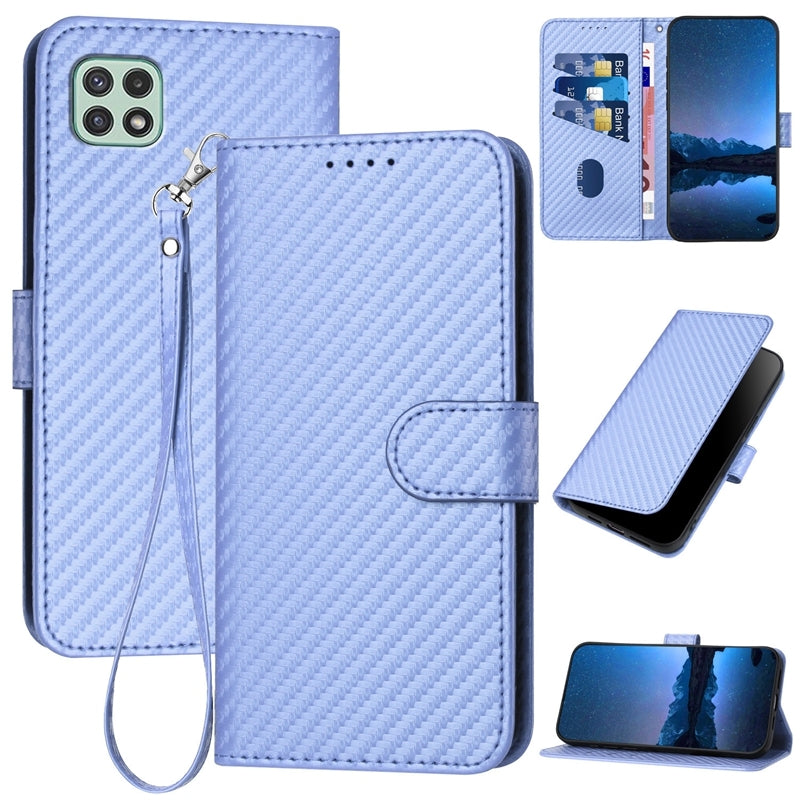 Samsung Galaxy A22s 5G Carbon Fiber Buckle Leather Phone Case with Lanyard, PU Leather TPU Wallet Cover with Card Slot, Cash Compartment, Stand Function & Scratch Protection