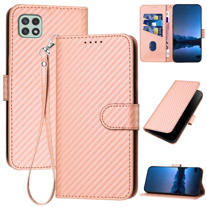 Samsung Galaxy A22 5G Carbon Fiber Buckle Leather Phone Case with Lanyard, PU Leather TPU Wallet Cover with Card Slot, Cash Compartment, Stand Function & Scratch Protection