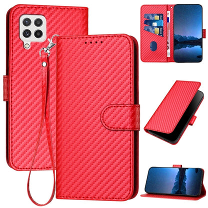 Samsung Galaxy F22 Carbon Fiber Buckle Leather Phone Case with Lanyard, PU Leather TPU Wallet Cover with Card Slot, Cash Compartment, Stand Function & Scratch Protection