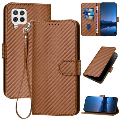 Samsung Galaxy A22 4G Carbon Fiber Buckle Leather Phone Case with Lanyard, PU Leather TPU Wallet Cover with Card Slot, Cash Compartment, Stand Function & Scratch Protection