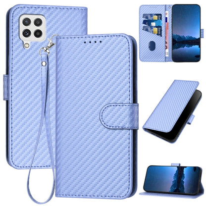 Samsung Galaxy A22 4G Carbon Fiber Buckle Leather Phone Case with Lanyard, PU Leather TPU Wallet Cover with Card Slot, Cash Compartment, Stand Function & Scratch Protection