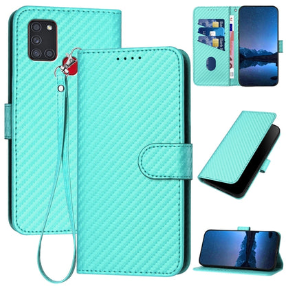 Samsung Galaxy A21s Carbon Fiber Buckle Leather Phone Case with Lanyard, PU Leather TPU Wallet Cover with Card Slot, Cash Compartment, Stand Function & Scratch Protection