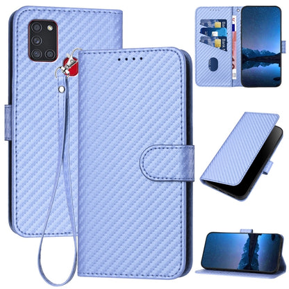 Samsung Galaxy A21s Carbon Fiber Buckle Leather Phone Case with Lanyard, PU Leather TPU Wallet Cover with Card Slot, Cash Compartment, Stand Function & Scratch Protection