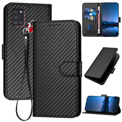 Samsung Galaxy A21s Carbon Fiber Buckle Leather Phone Case with Lanyard, PU Leather TPU Wallet Cover with Card Slot, Cash Compartment, Stand Function & Scratch Protection