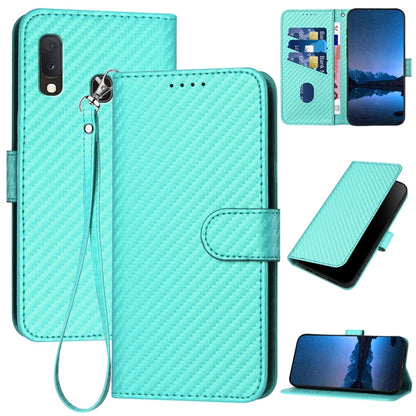 Samsung Galaxy A20e Carbon Fiber Buckle Leather Phone Case with Lanyard, PU Leather TPU Wallet Cover with Card Slot, Cash Compartment, Stand Function & Scratch Protection