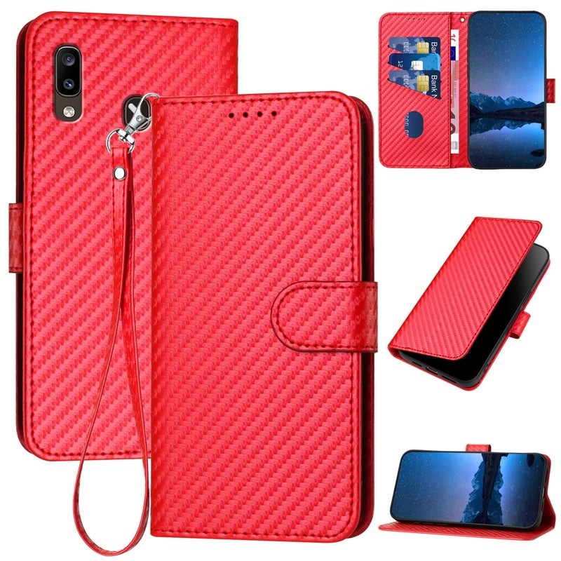 Samsung Galaxy A30 Carbon Fiber Buckle Leather Phone Case with Lanyard, PU Leather TPU Wallet Cover with Card Slot, Cash Compartment, Stand Function & Scratch Protection