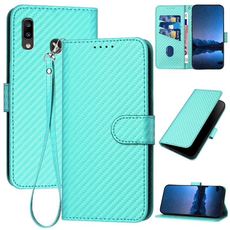 Samsung Galaxy A20 Carbon Fiber Buckle Leather Phone Case with Lanyard, PU Leather TPU Wallet Cover with Card Slot, Cash Compartment, Stand Function & Scratch Protection
