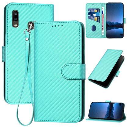 Samsung Galaxy A20 Carbon Fiber Buckle Leather Phone Case with Lanyard, PU Leather TPU Wallet Cover with Card Slot, Cash Compartment, Stand Function & Scratch Protection