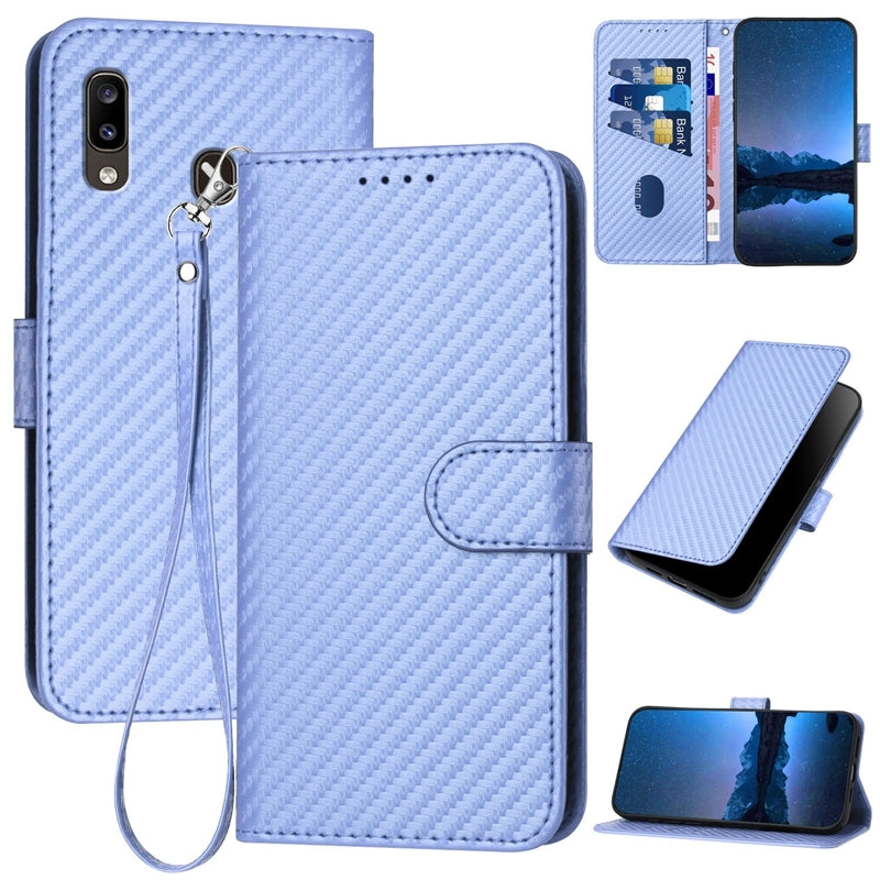 Samsung Galaxy A30 Carbon Fiber Buckle Leather Phone Case with Lanyard, PU Leather TPU Wallet Cover with Card Slot, Cash Compartment, Stand Function & Scratch Protection