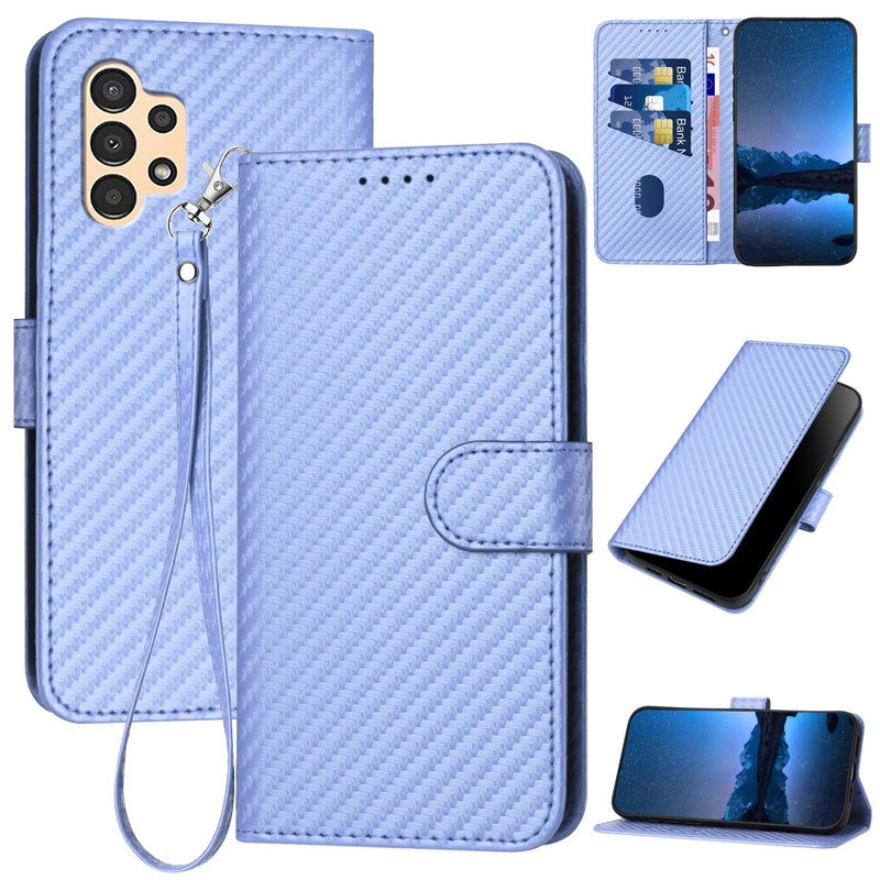 Samsung Galaxy A13 4G Carbon Fiber Buckle Leather Phone Case with Lanyard, PU Leather TPU Wallet Cover with Card Slot, Cash Compartment, Stand Function & Scratch Protection
