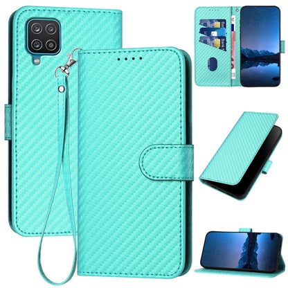 Samsung Galaxy A12 Carbon Fiber Buckle Leather Phone Case with Lanyard, PU Leather TPU Wallet Cover with Card Slot, Cash Compartment, Stand Function & Scratch Protection