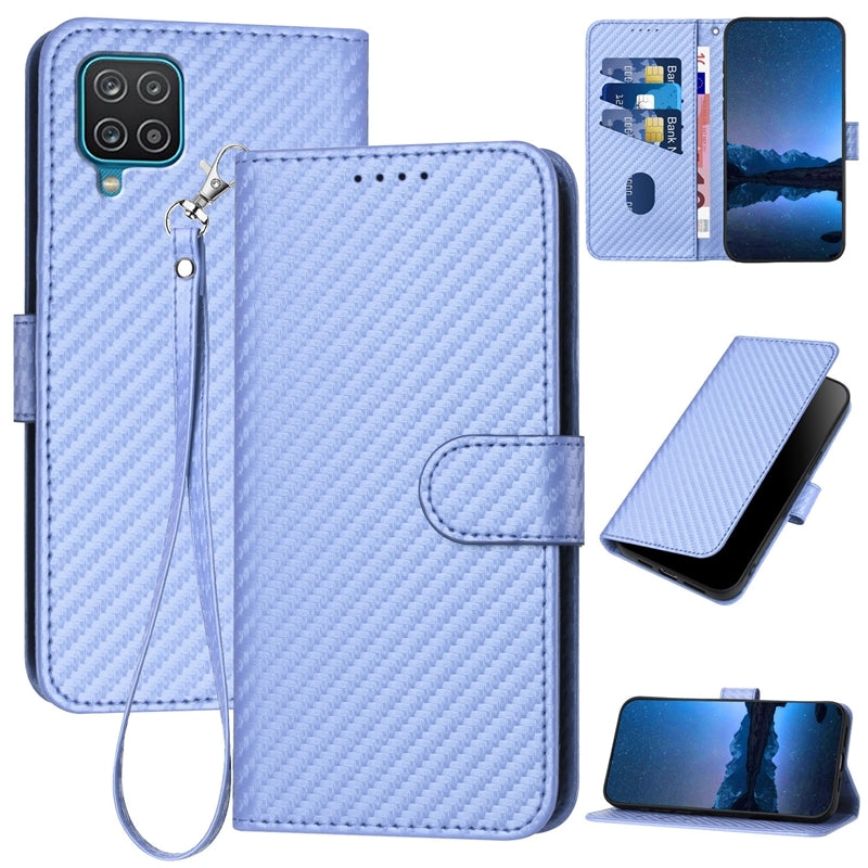 Samsung Galaxy A12 Carbon Fiber Buckle Leather Phone Case with Lanyard, PU Leather TPU Wallet Cover with Card Slot, Cash Compartment, Stand Function & Scratch Protection