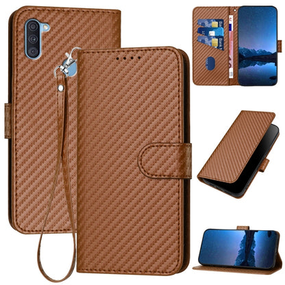 Samsung Galaxy A11 EU Carbon Fiber Buckle Leather Phone Case with Lanyard, PU Leather TPU Wallet Cover with Card Slot, Cash Compartment, Stand Function & Scratch Protection
