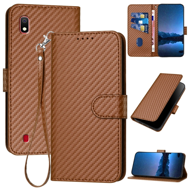 Samsung Galaxy A10 Carbon Fiber Buckle Leather Phone Case with Lanyard, PU Leather TPU Wallet Cover with Card Slot, Cash Compartment, Stand Function & Scratch Protection